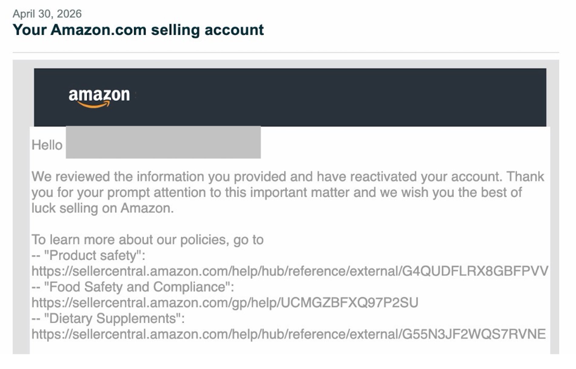 Amazon account reactivation confirmation