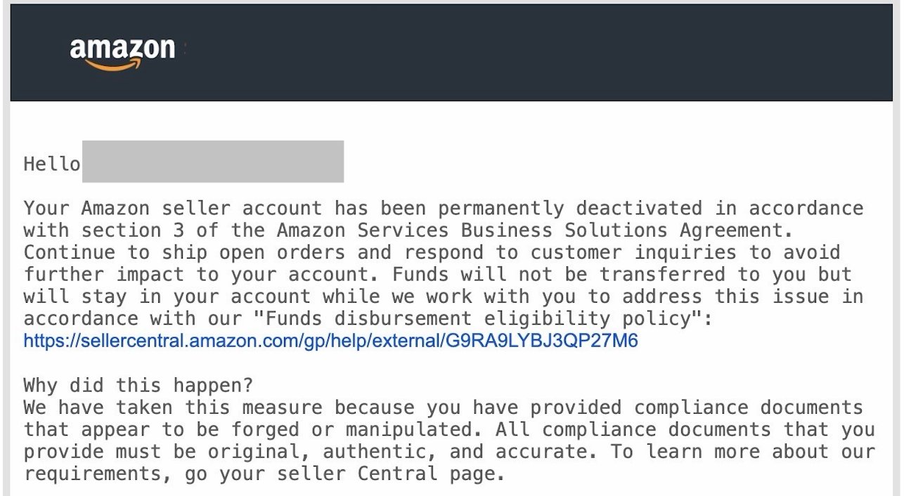 Amazon account permanently deactivated notification